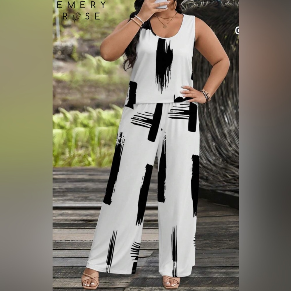 Womens Abstract Black and White plus size Summer Casual sleeveless set 2Pc 1XL